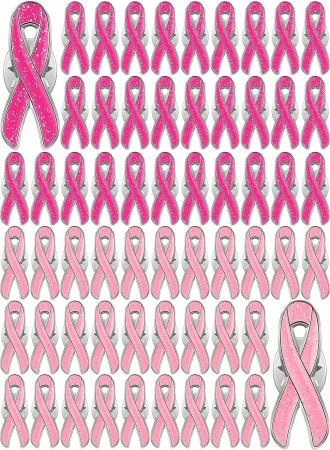 Kenning 60 Pack Breast Cancer Awareness Lapel Pin Pink Ribbon Glitter Breast Cancer Brooch Women Girls Ribbon Pins for Charity Public Fundraiser, 2 Colors - Image 1